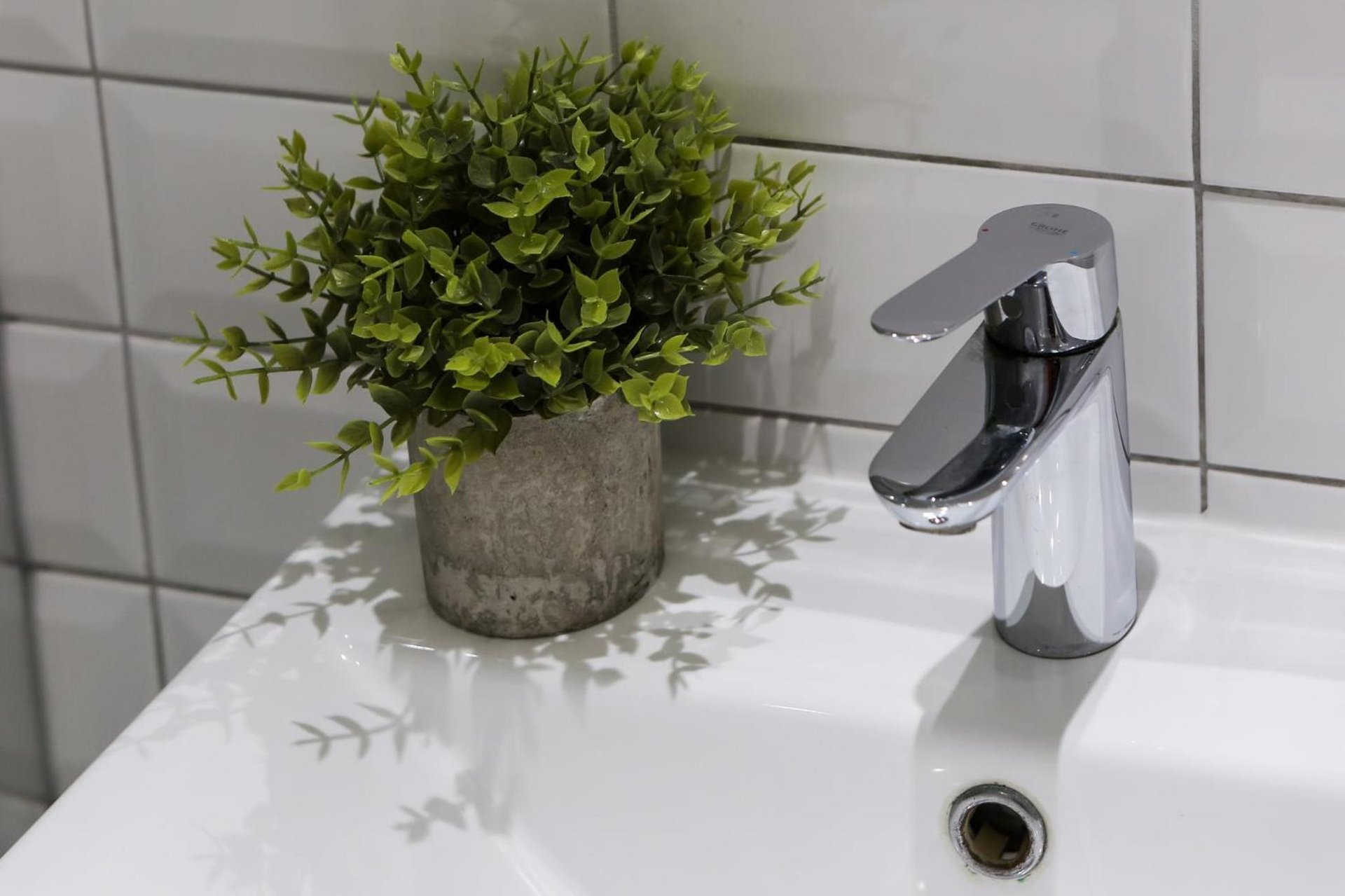a plant sitting on a bathroom sink with a faucet at Comfort Inn Victoria in London