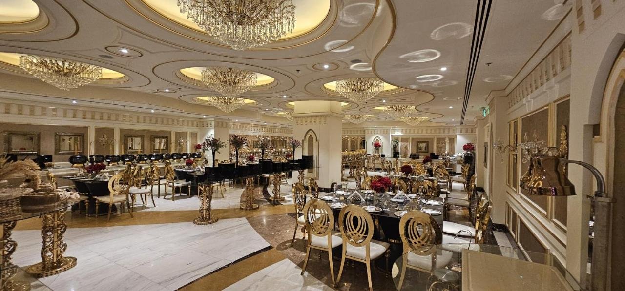 Banquet hall set for a dinner event