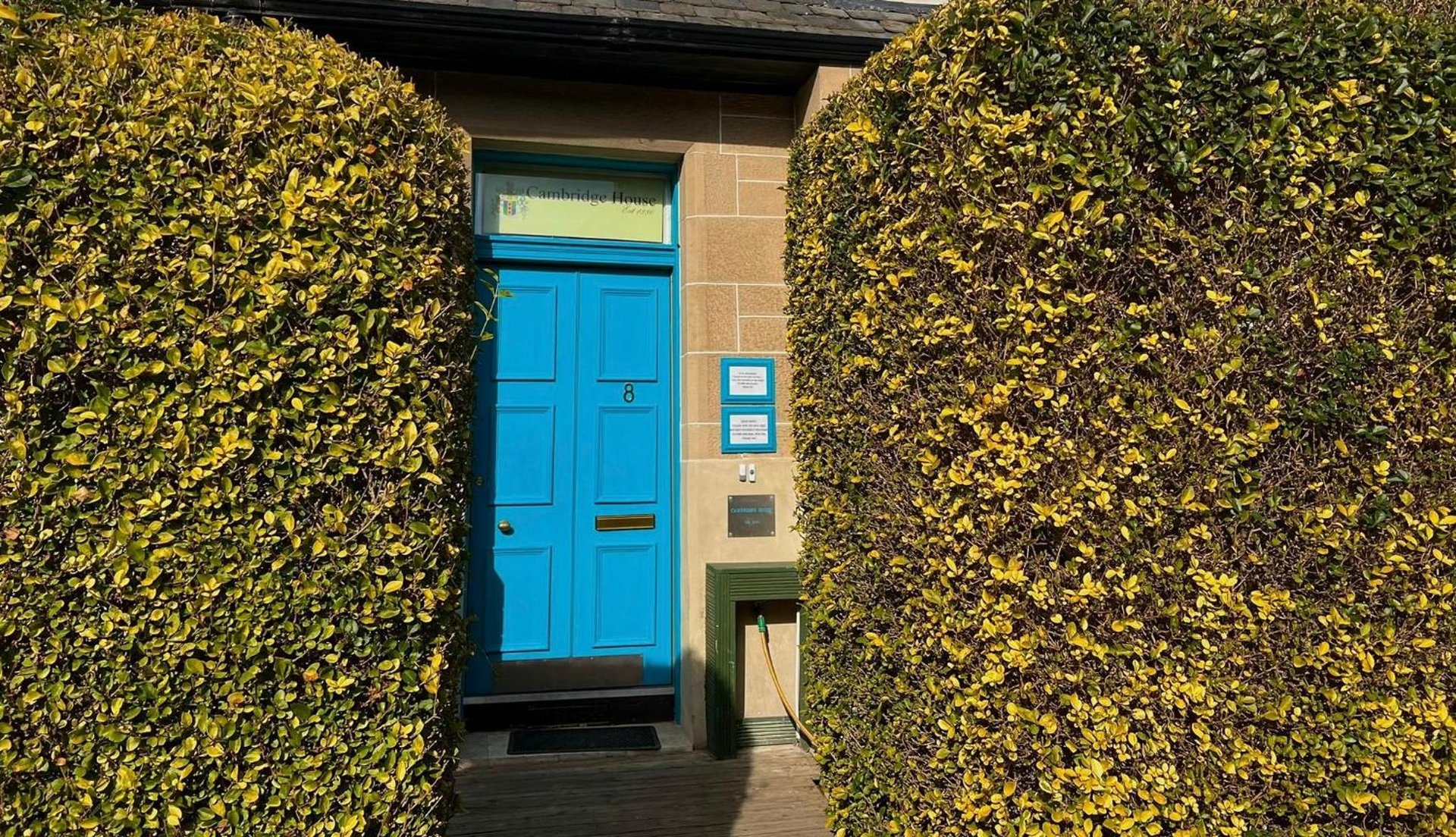 a blue door in a building between two bushes at Cambridge House in Edinburgh